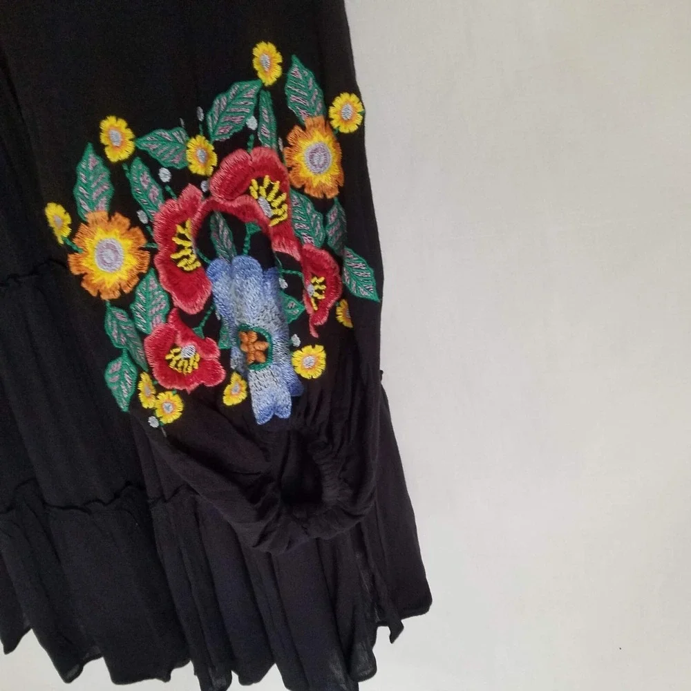 Free People Womens Boho Black Floral Embroidered Long Sleeve Mini Dress Size XS‎